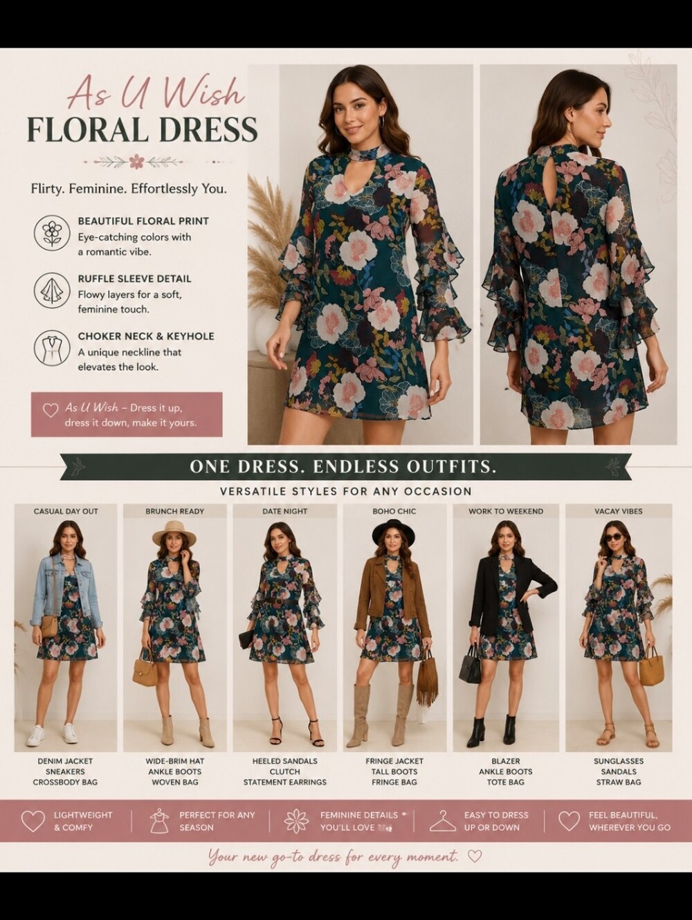 As U Wish ~ Green & Pink Floral Chiffon Ruffle Sleeve Mini Dress – Size S